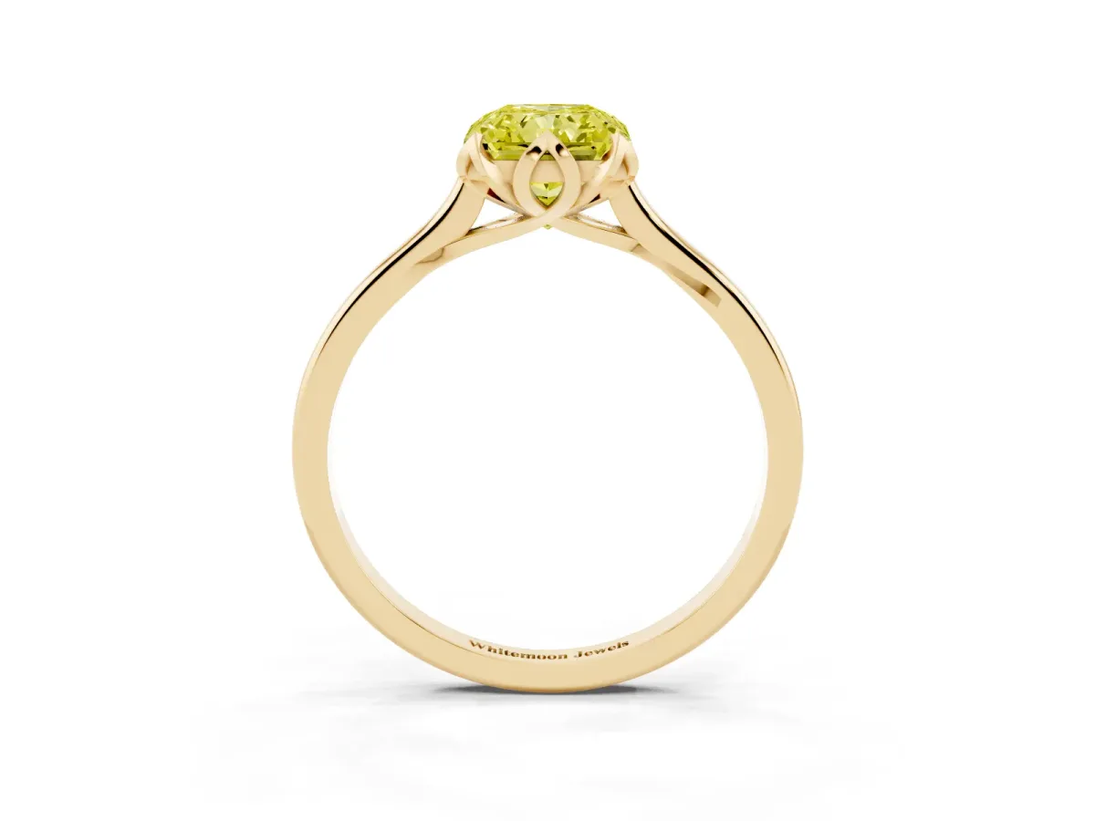 Fancy Yellow Radiant Cut Diamond Solitaire Ring with Flower Prong Setting and Classic Band Yellow gold