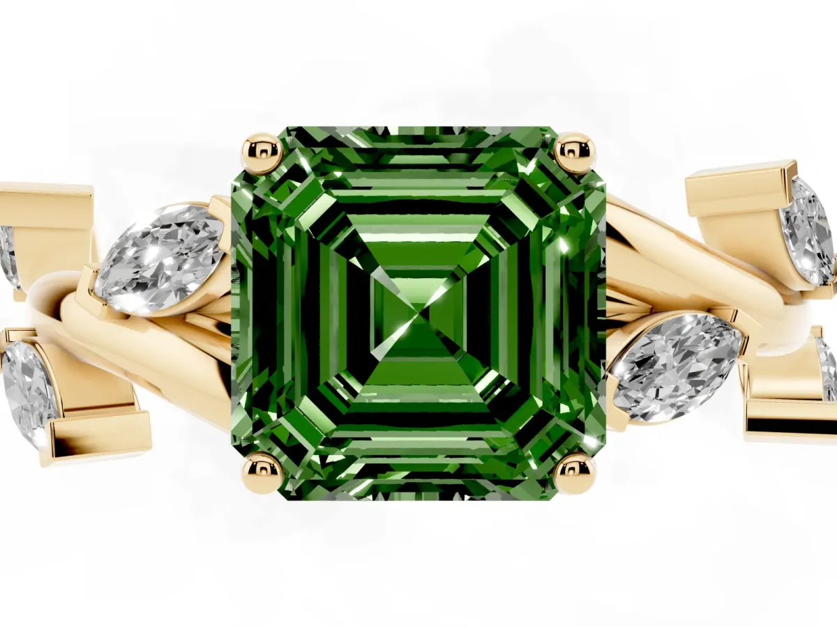 Fancy Green Asscher Cut Solitaire Twisted Band Marquise Accent Prong Setting Ring Yellow gold