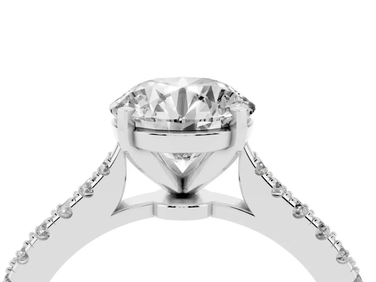 Round Cut Cut Solitaire Diamond Engagement Ring with Pave Band and Four-Prong Setting White gold
