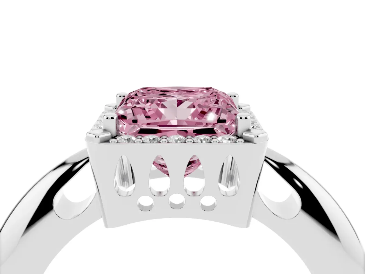 Fancy Pink Princess Cut Cut Diamond Halo Engagement Ring with Split Shank and Four-Prong Setting Silver