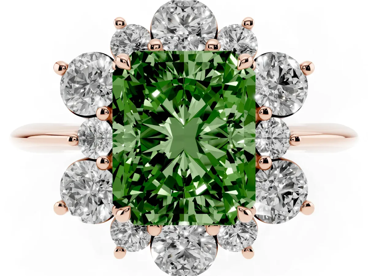 Fancy Green Radiant Cut Diamond Cluster Halo Ring with Solitaire Band and Four-Prong Setting Rose gold