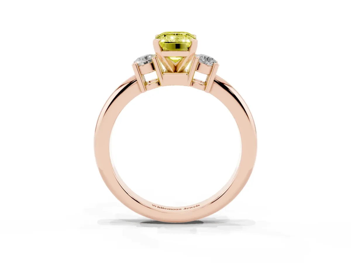 Fancy Yellow Three-Stone Emerald Cut Cut Diamond Solitaire with Prong Setting and Classic Band Rose gold