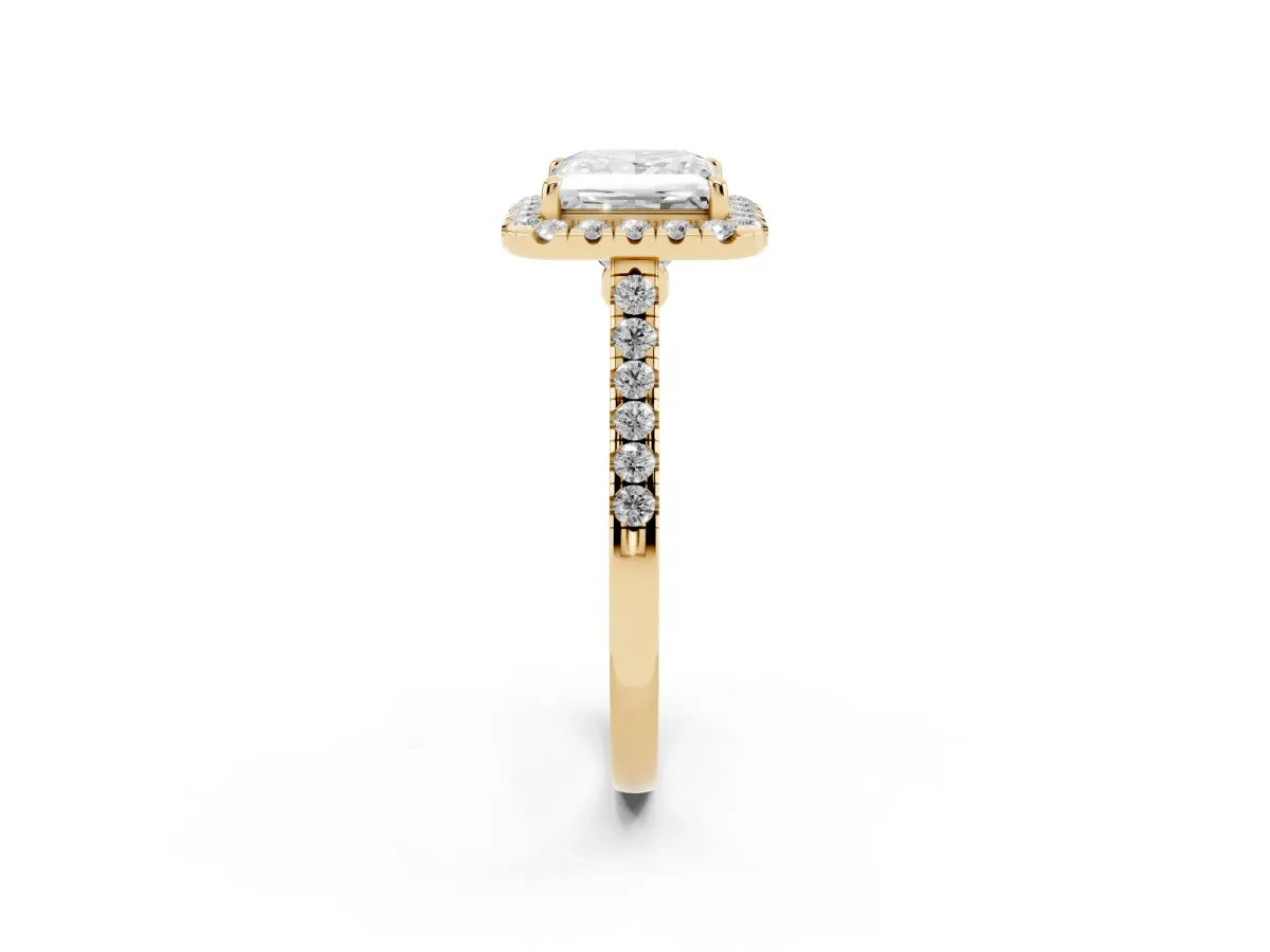 Princess Cut Halo Pave Diamond Engagement Ring with Four-Prong Setting Yellow gold