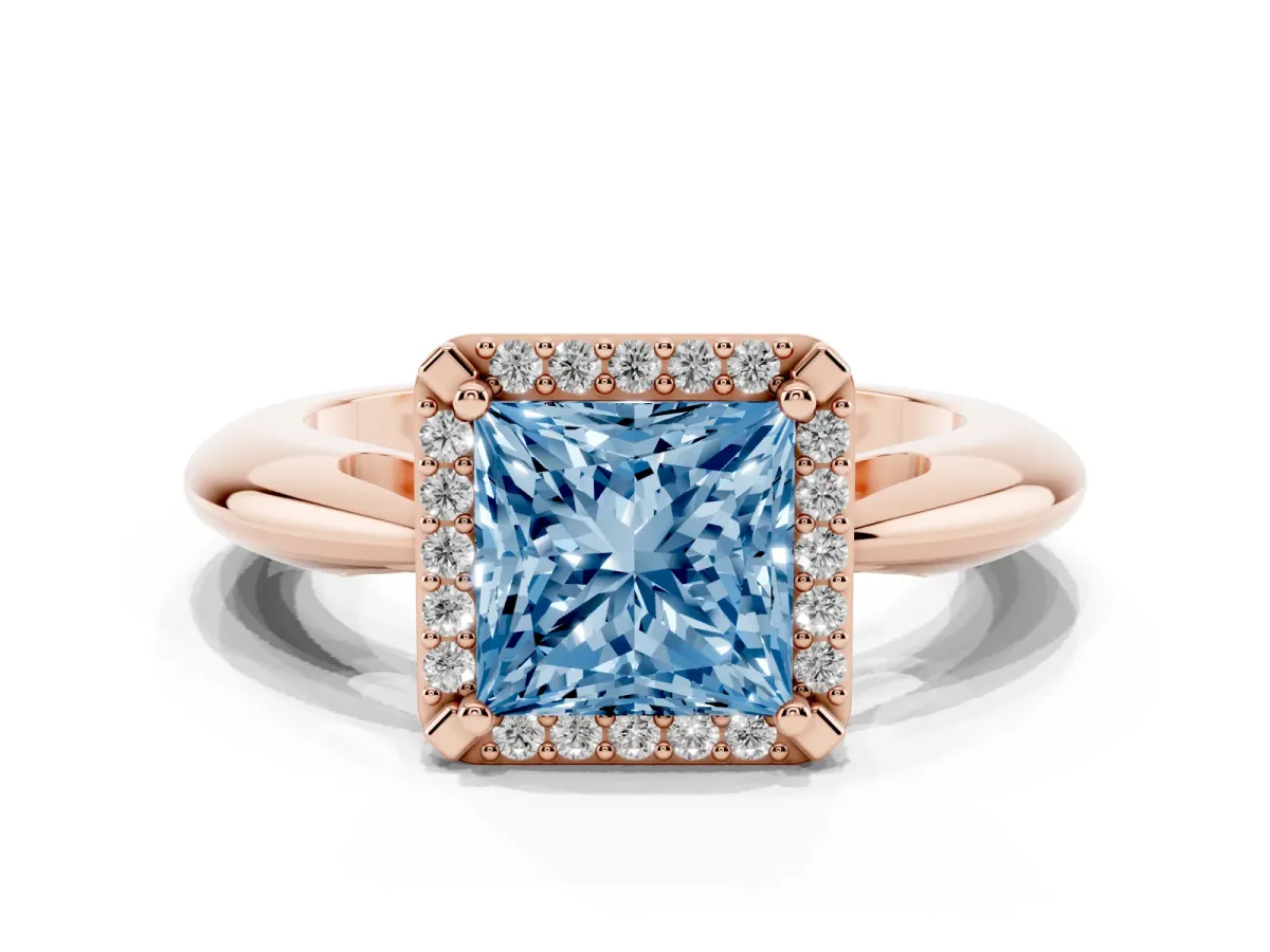 Fancy Blue Princess Cut Cut Diamond Halo Engagement Ring with Split Shank and Four-Prong Setting Rose gold
