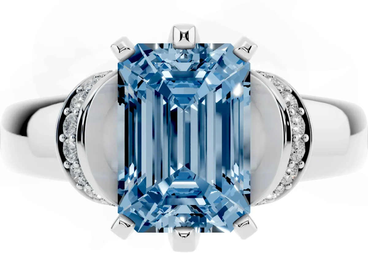 Fancy Blue Emerald Cut Solitaire Diamond Ring with Pave Band and Six-Prong Setting Platinum