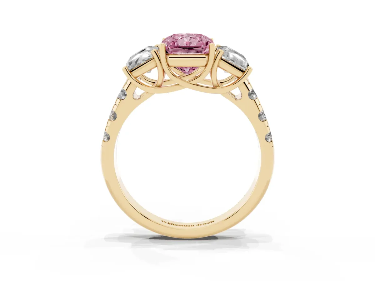 Fancy Pink Three-Stone Radiant Cut Diamond Pavé Band with Prong Setting Yellow gold
