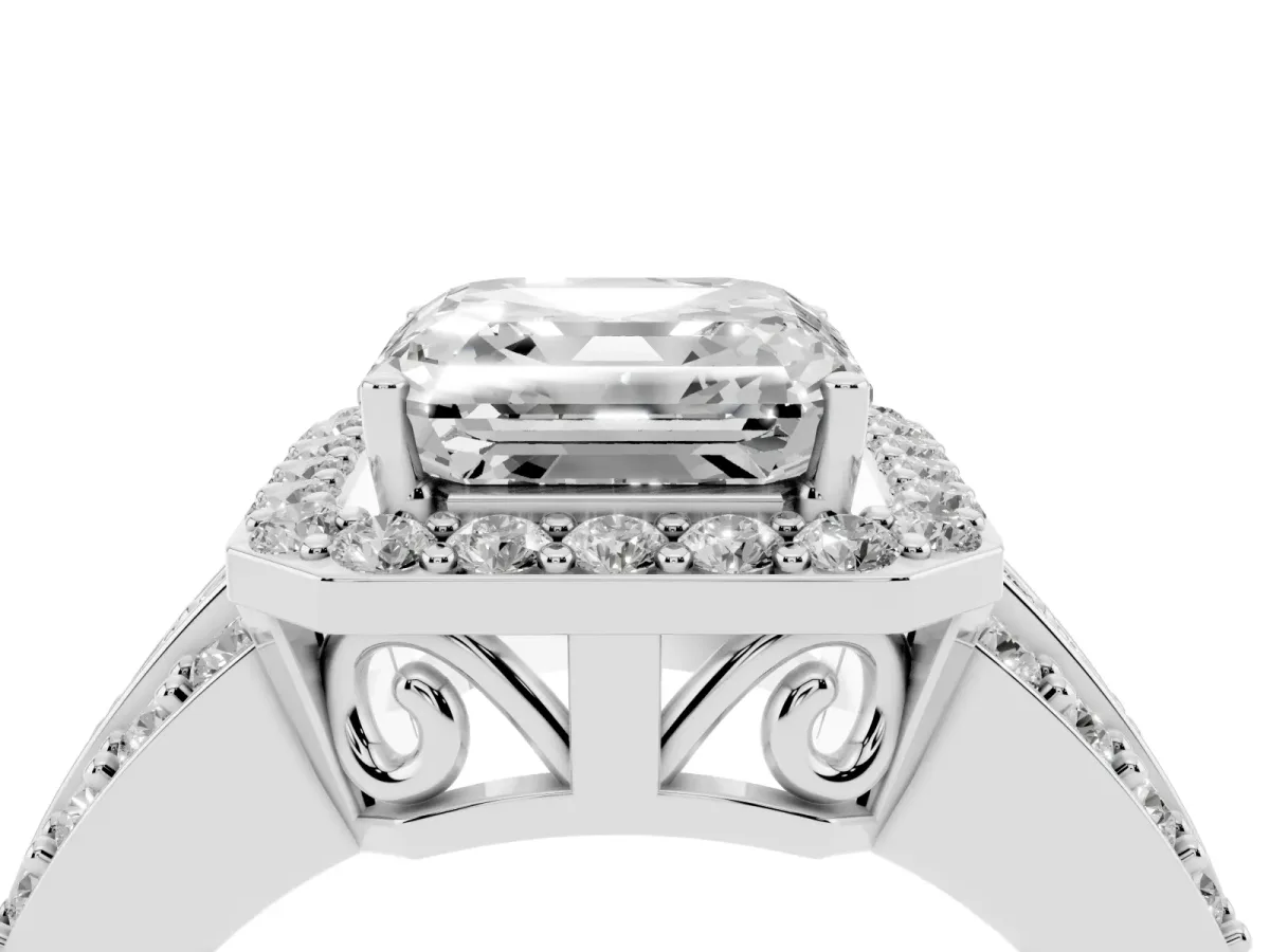 Asscher Cut Halo Diamond Ring with Round Split Shank and Prong Setting Silver