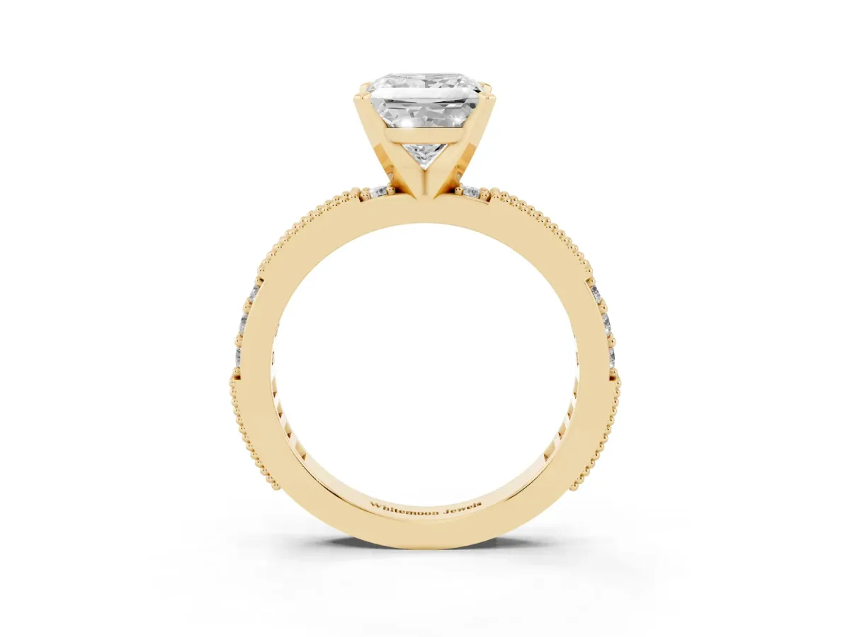 Princess Cut Solitaire with Pavé Band and Four-Prong Setting Yellow gold