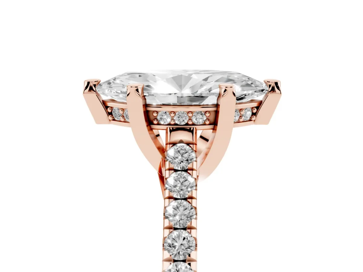 Marquise Cut Brilliant Diamond Solitaire with Pavé Band and Four-Prong Setting Rose gold