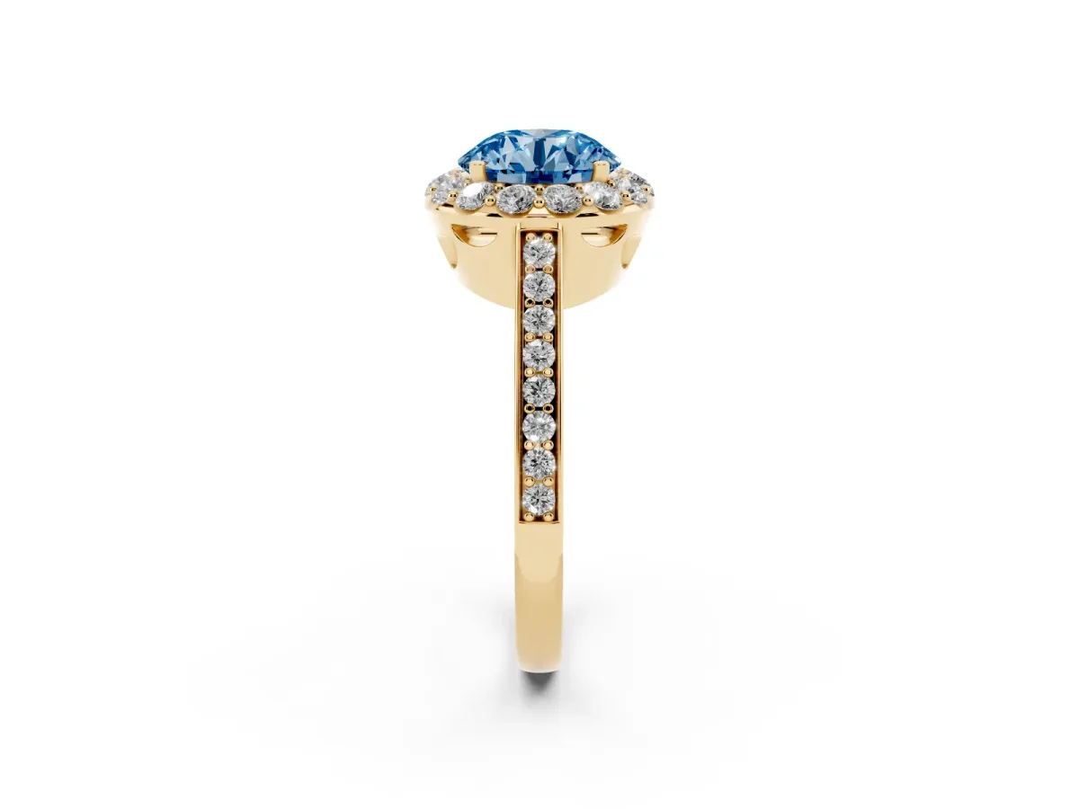 Fancy Blue Round Cut Diamond Floral Halo Ring with Pavé Band and Prong Setting Yellow gold