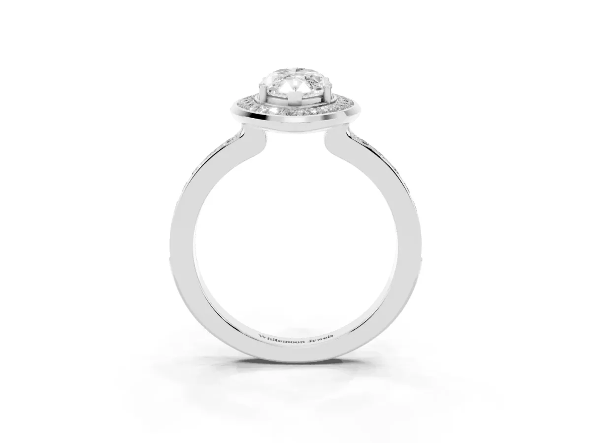 Marquise Cut Diamond Halo Ring with Bezel Frame and Pavé Band Silver
