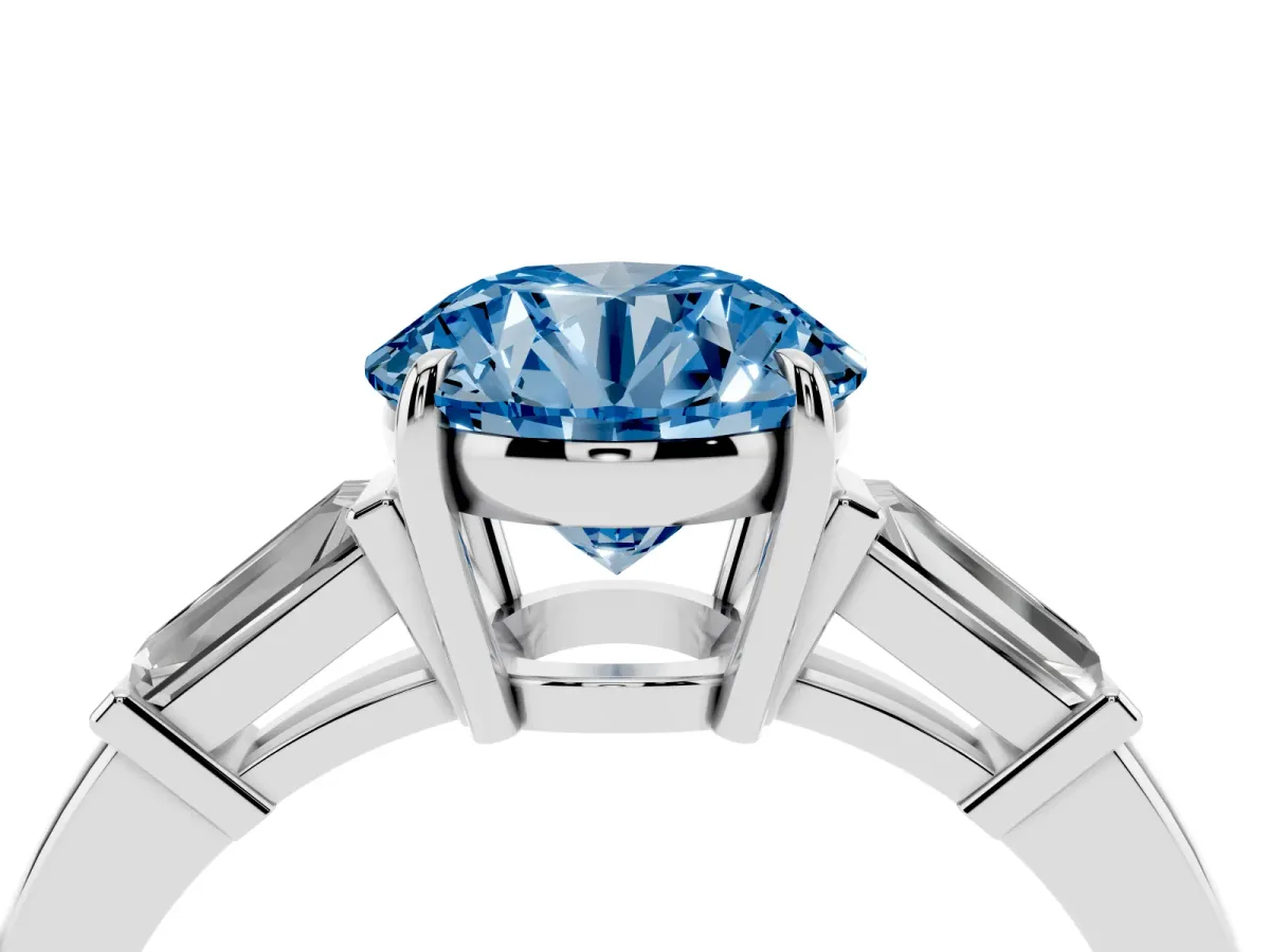 Fancy Blue Round Cut Diamond Three-Stone Ring with Tapered Baguette Side Stones and Prong Setting Silver