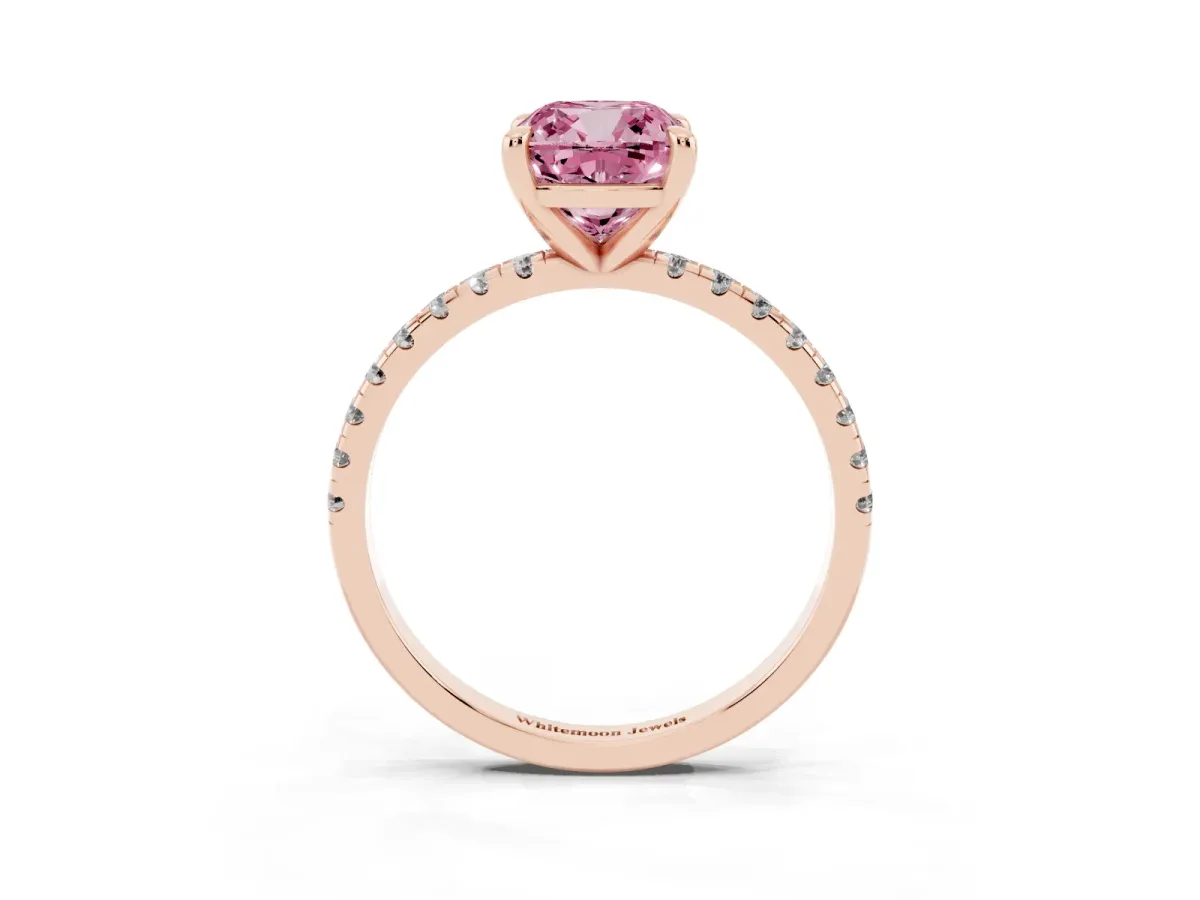 Fancy Pink Cushion Cut Diamond Brilliant Solitaire Ring with Pavé Band and Four-Prong Setting Rose gold