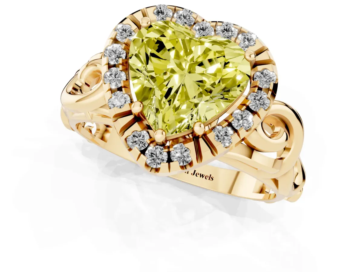 Fancy Yellow Heart Cut Cut Halo Diamond Ring with Scrollwork Band and Four-Prong Setting Yellow gold