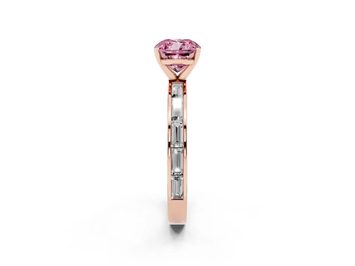 Fancy Pink Cushion Cut Solitaire Diamond Ring with Channel-Set Baguette Band and Four-Prong Setting Rose gold