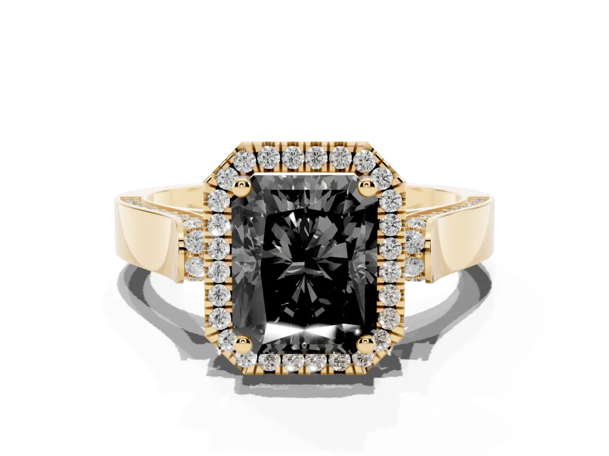 Fancy Black Radiant Cut Halo Round Diamond Twist Band with Four-Prong Setting Yellow gold