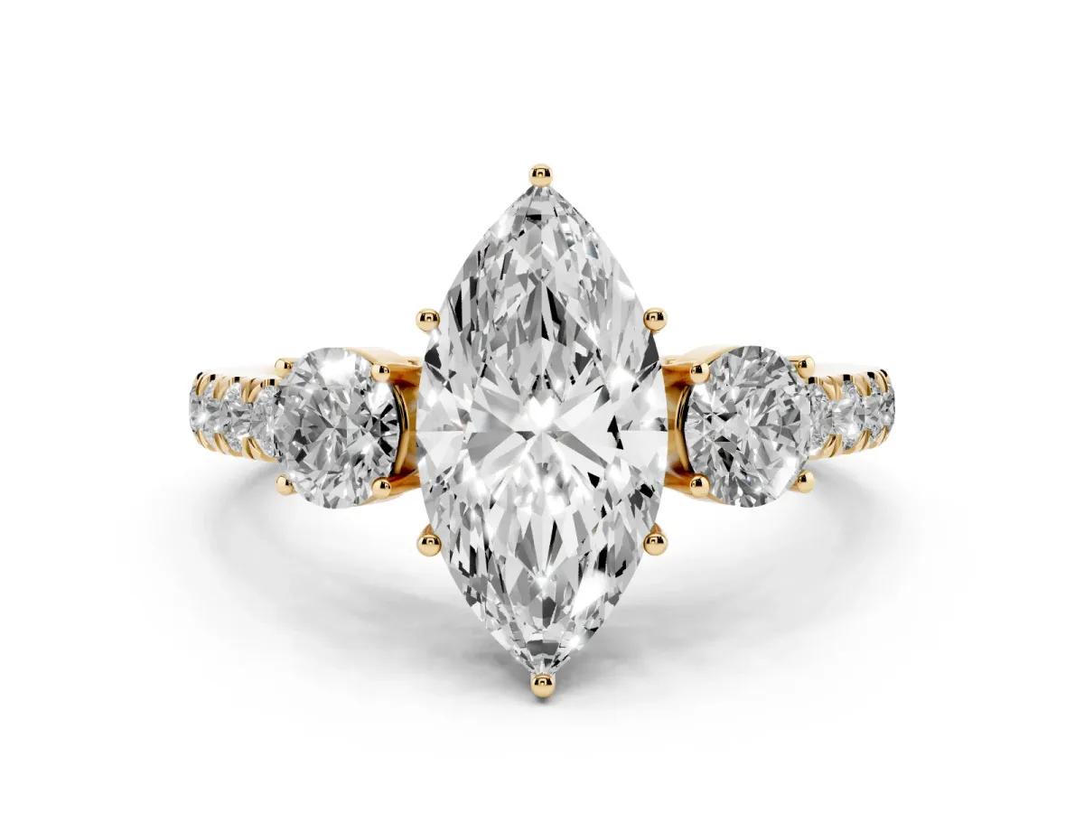 Marquise Cut Cut Diamond Three-Stone Ring with Round Side Stones and Pavé Band Yellow gold