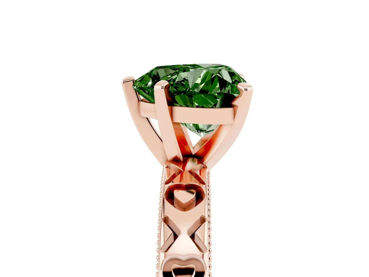 Fancy Green Heart Cut Solitaire Diamond Engagement Ring with XO Engraved Band and Four-Prong Setting Rose gold