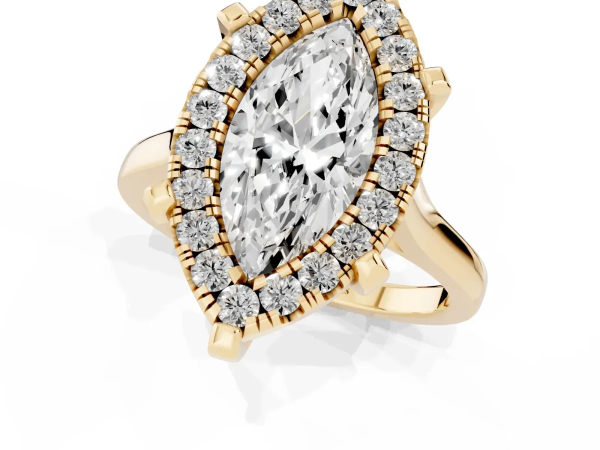 Marquise Cut Diamond Cluster Halo Solitaire with Four-Prong Setting Yellow gold