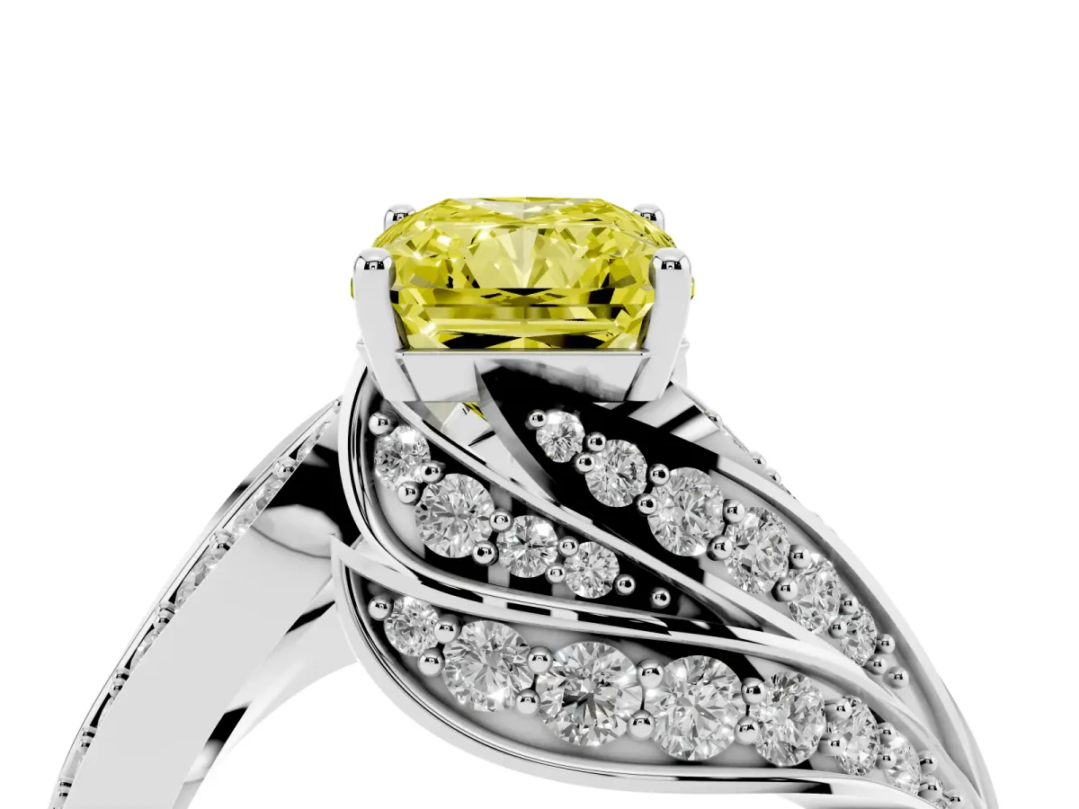 Fancy Yellow Radiant Cut Diamond Solitaire Ring with Prong Setting and Twisted Pavé Band White gold