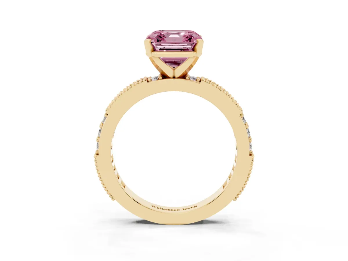 Fancy Pink Asscher Cut Solitaire with Pavé Band and Four-Prong Setting Yellow gold