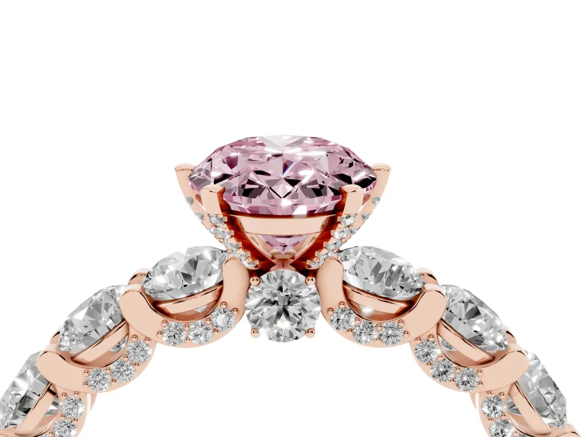 Fancy Pink Oval Cut Diamond Side Stone Engagement Ring with Four-Prong Setting Rose gold