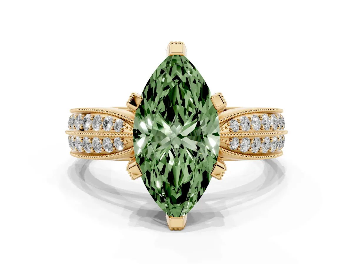 Fancy Green Marquise Cut Diamond Solitaire Ring with Milgrain Round Pavé Band and Prong Setting Yellow gold