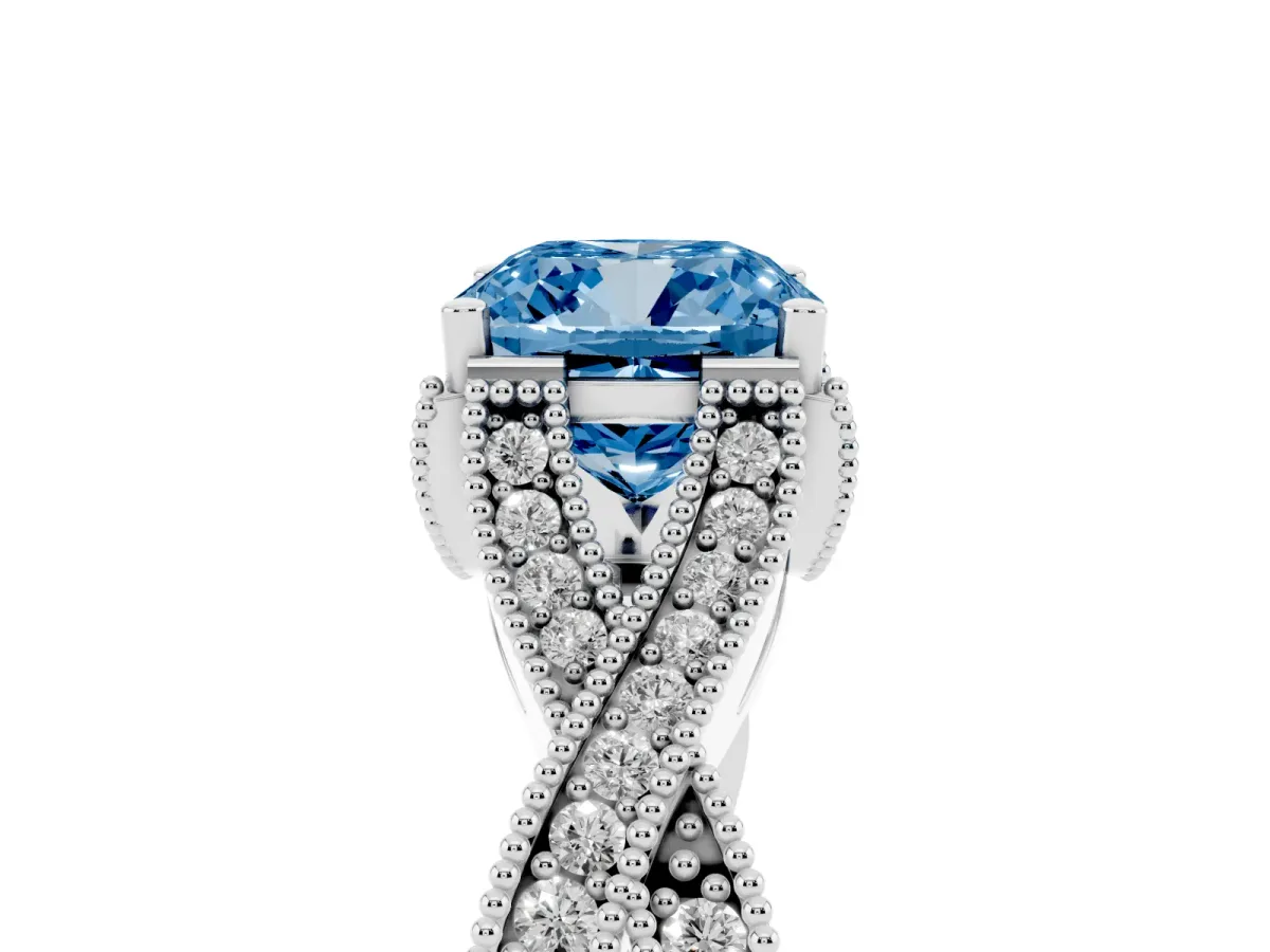 Fancy Blue Cushion Cut Cut Diamond Twisted Band with Milgrain Pave Setting and Four-Prong Setting Silver