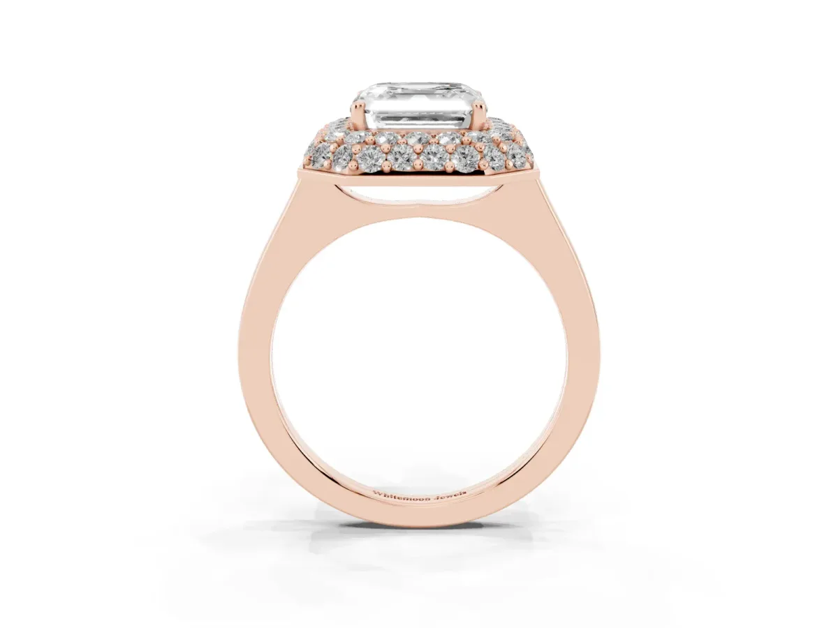 Asscher Cut Halo Diamond Engagement Ring with Solitaire Band and Four-Prong Setting Rose gold