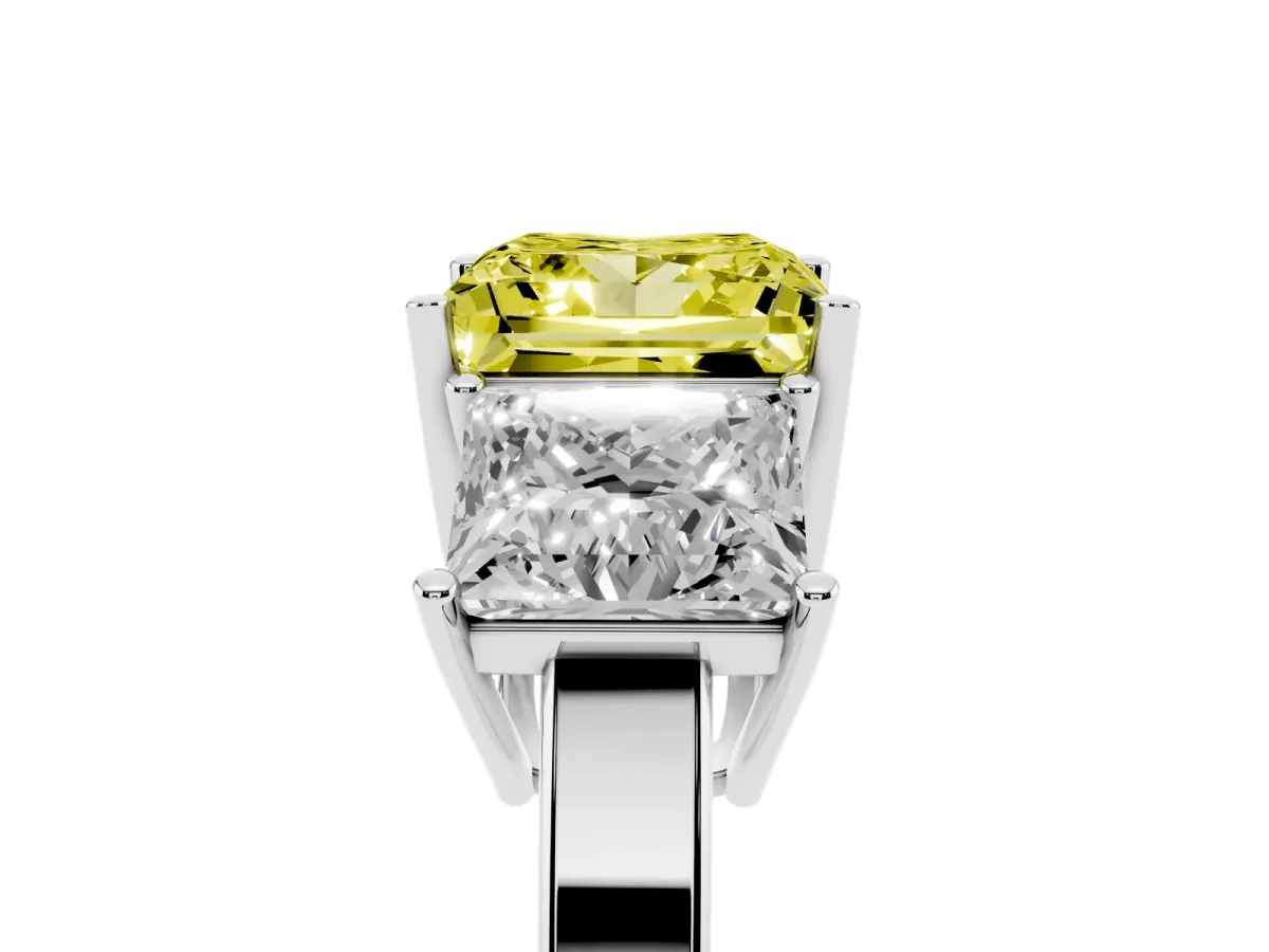 Fancy Yellow Three-Stone Princess Cut Cut Diamond Engagement Ring with Flat Band and Four-Prong Setting Silver