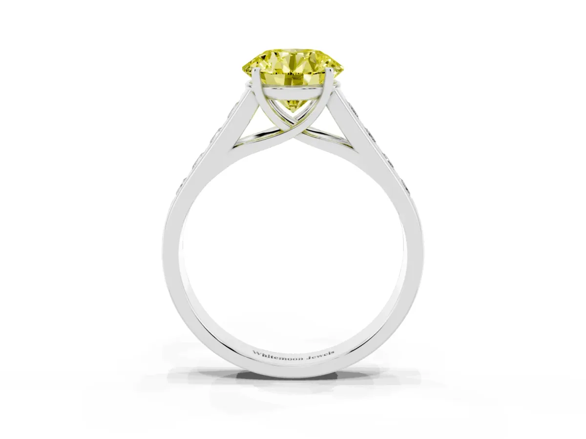 Fancy Yellow Round Cut Brilliant Channel-Set Solitaire Ring with Four-Prong Setting Silver