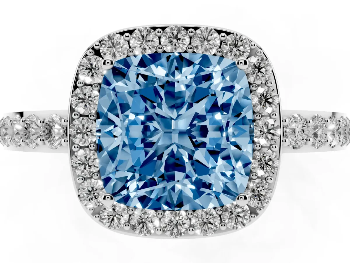Fancy Blue Cushion Cut Halo Diamond Pavé Band Ring with Prong Setting Silver
