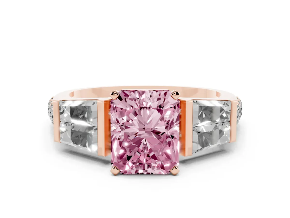 Fancy Pink Radiant Cut Diamond Engagement Ring with Baguette Side Stones and Channel Set Band Rose gold