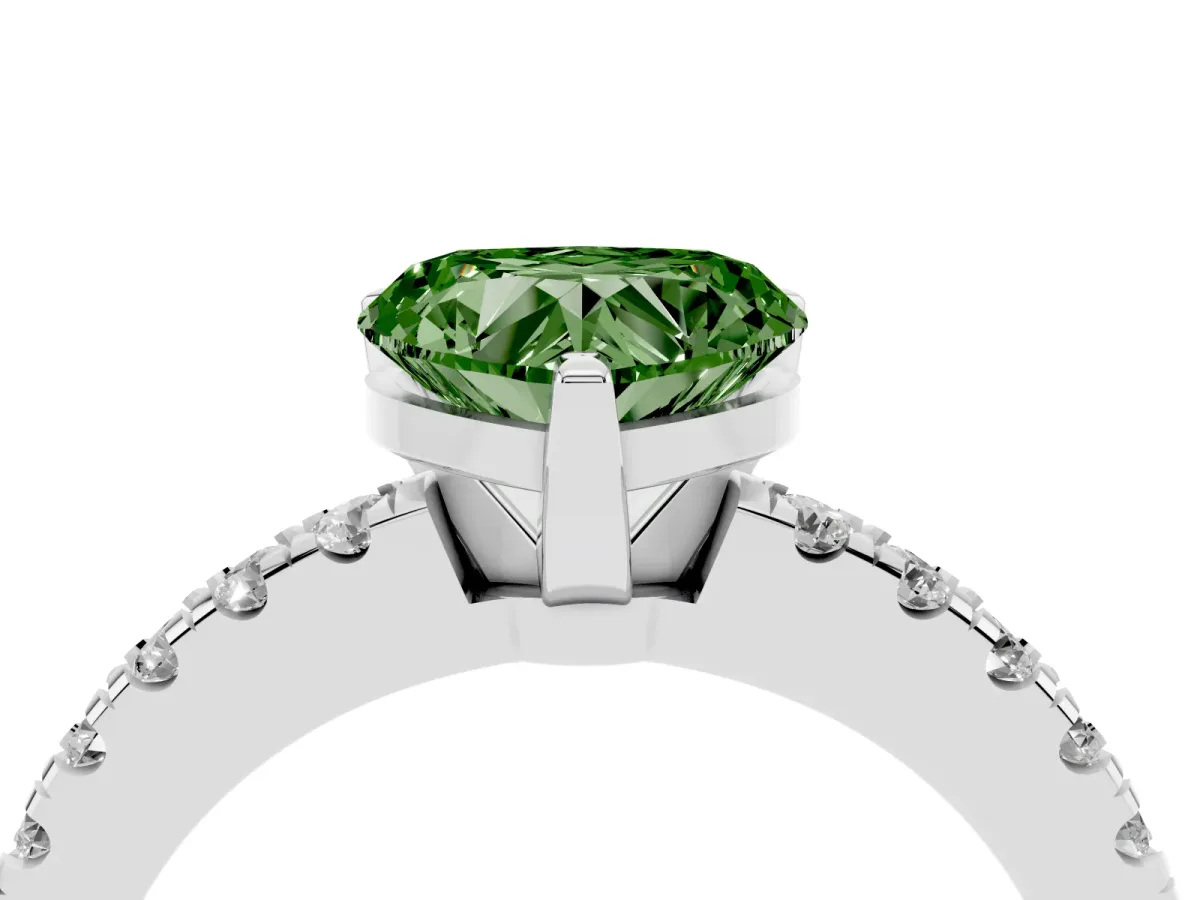 Fancy Green Heart Cut Solitaire Diamond with Pavé Band and Four-Prong Setting White gold