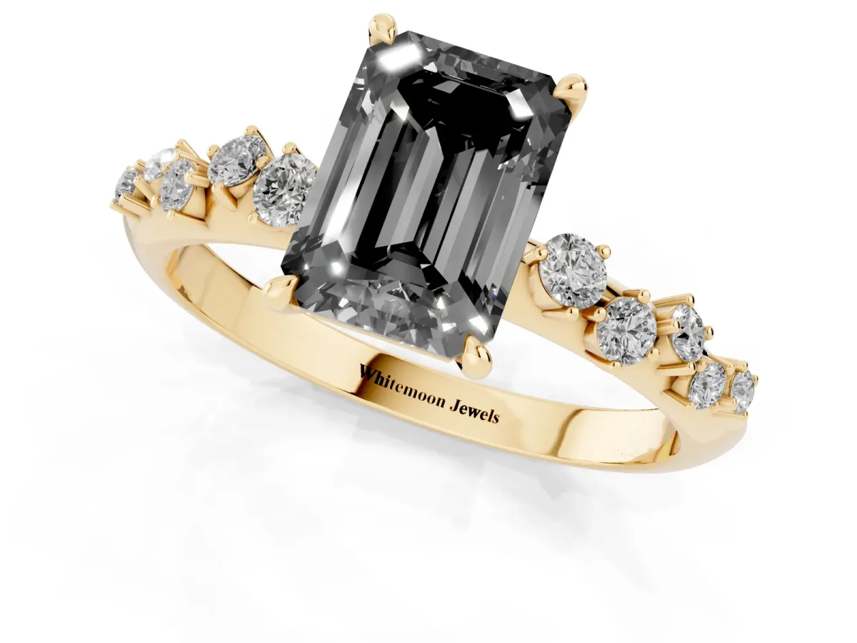 Fancy Black Emerald Cut Diamond Cluster Side Stone Solitaire Ring with Prong Setting Yellow gold
