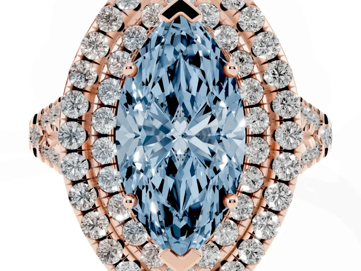 Fancy Blue Double Halo Marquise Cut Diamond Pavé Split Shank Ring with Prong Setting Rose gold