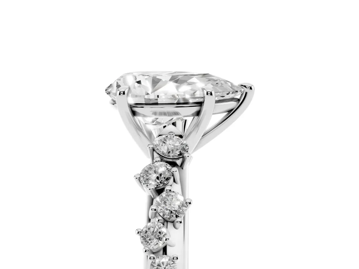 Pear Cut Diamond Cluster Side Stone Solitaire Ring with Prong Setting Silver