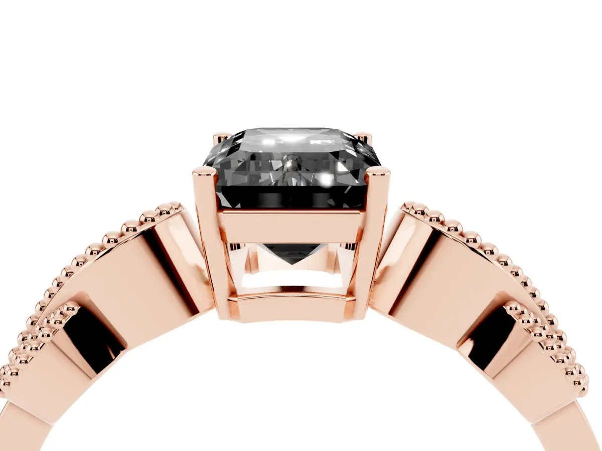 Fancy Black Emerald Cut Solitaire Milgrain Leaf Band with Prong Setting Rose gold