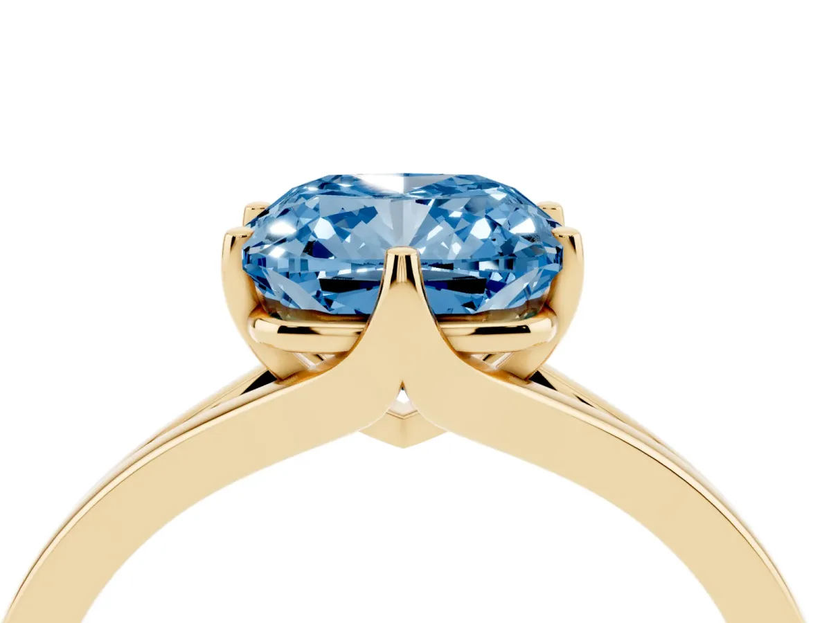 Fancy Blue Cushion Cut Solitaire Diamond Ring with Six-Prong Setting and Tapered Band Yellow gold
