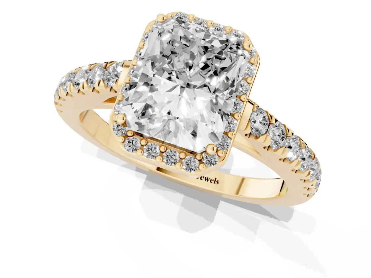 Radiant Cut Cut Halo Diamond Engagement Ring with Pave Band and Four-Prong Setting Yellow gold