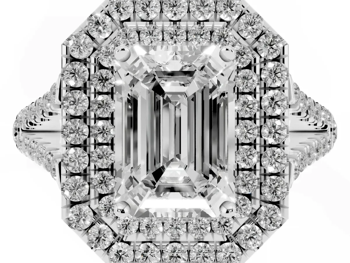 Emerald Cut Diamond Double Halo Ring with Pavé Band and Prong Setting Silver