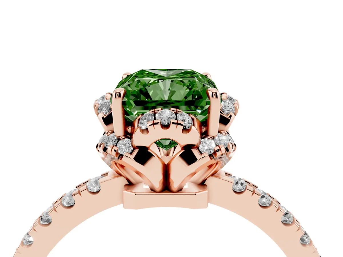 Fancy Green Radiant Cut Halo Diamond Pave Band Ring with Four-Prong Setting Rose gold