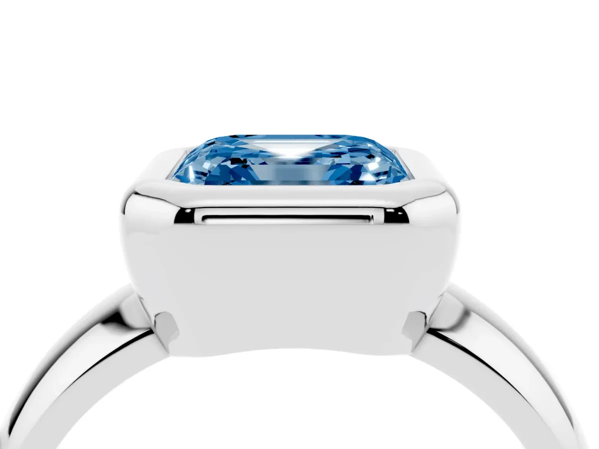 Fancy Blue Bezel Set Asscher Cut Solitaire Ring with Wide Band Silver