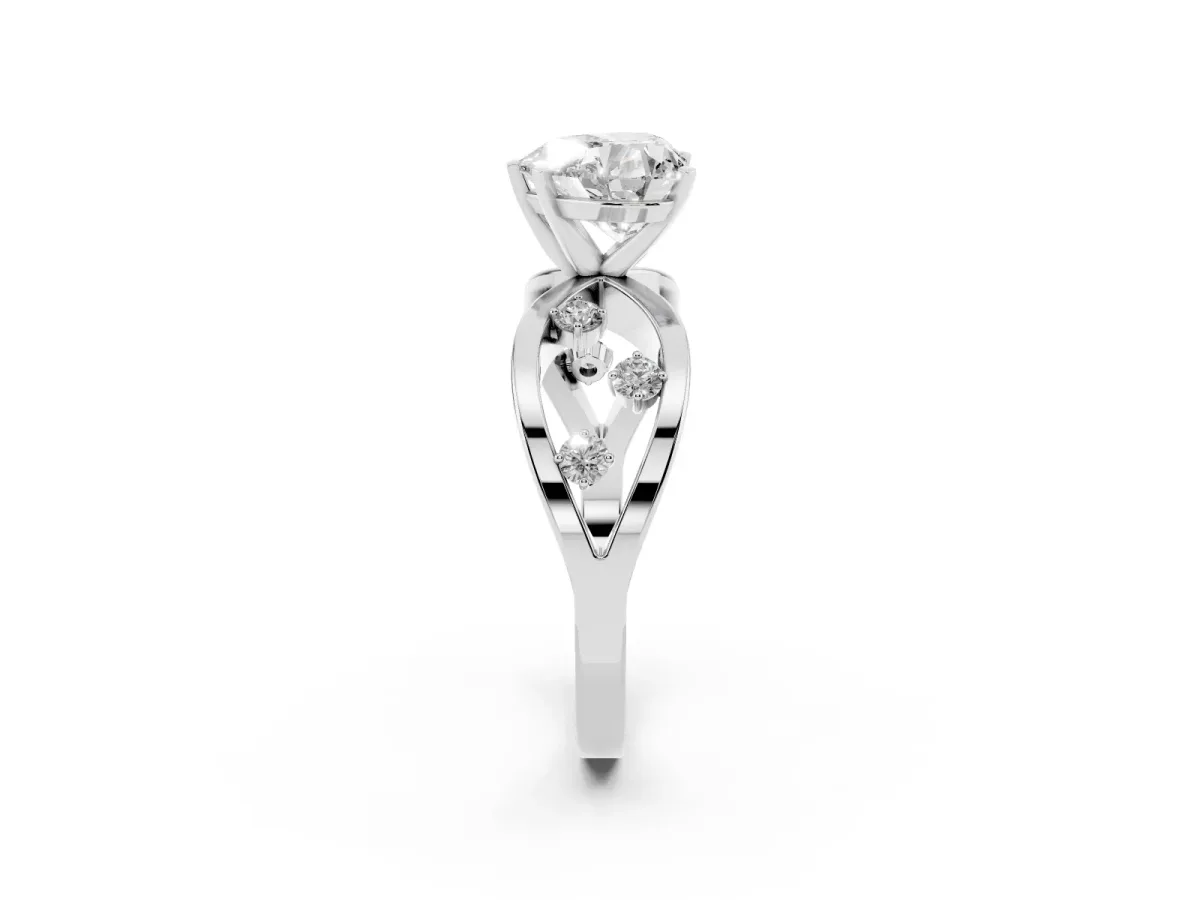 Heart Cut Cut Solitaire Diamond with Side Stones on Criss-Cross Band and Four-Prong Setting Silver