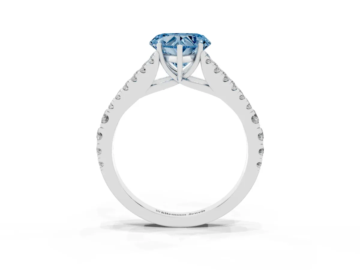 Fancy Blue Heart Cut Diamond Split Shank Pavé Engagement Ring with Four-Prong Setting White gold