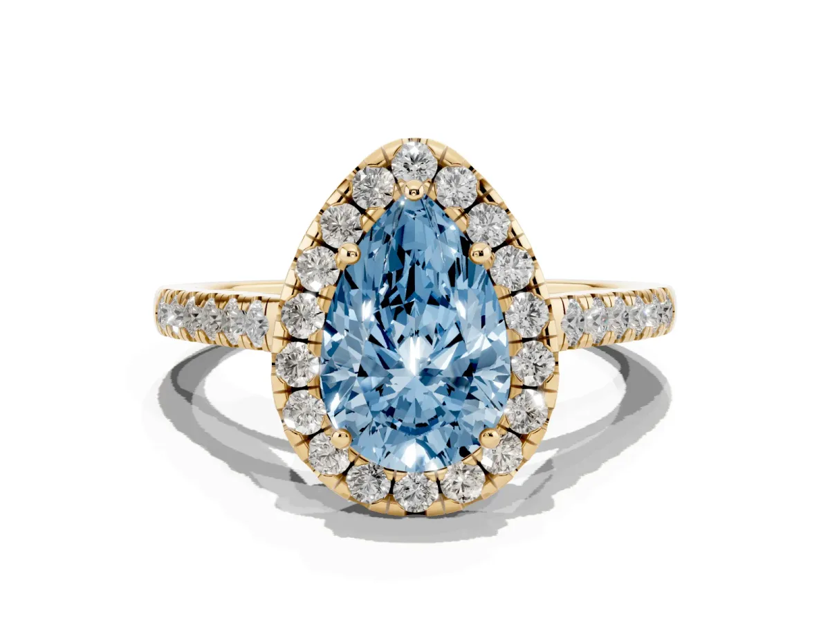 Fancy Blue Pear Cut Halo Pave Diamond Engagement Ring with Four-Prong Setting Yellow gold
