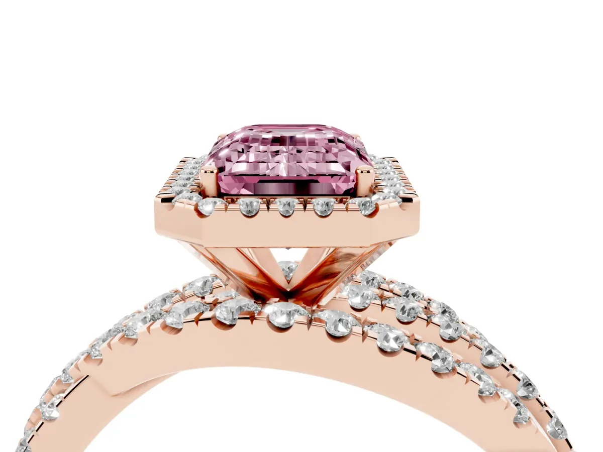 Fancy Pink Emerald Cut Diamond Halo Ring with Round Split Shank and Prong Setting Rose gold