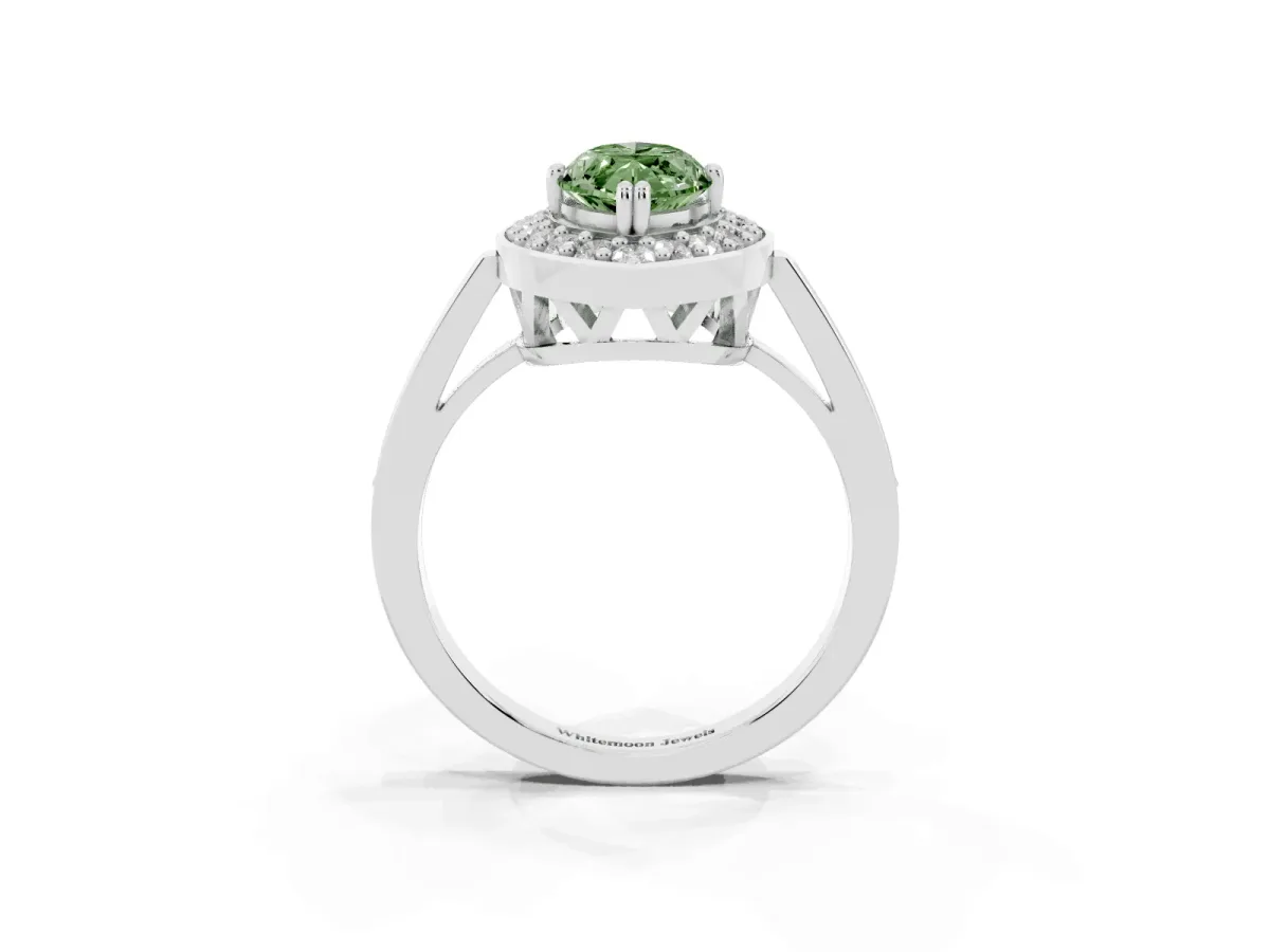 Fancy Green Marquise Cut Diamond Halo Ring with Split Shank and Four-Prong Setting Silver