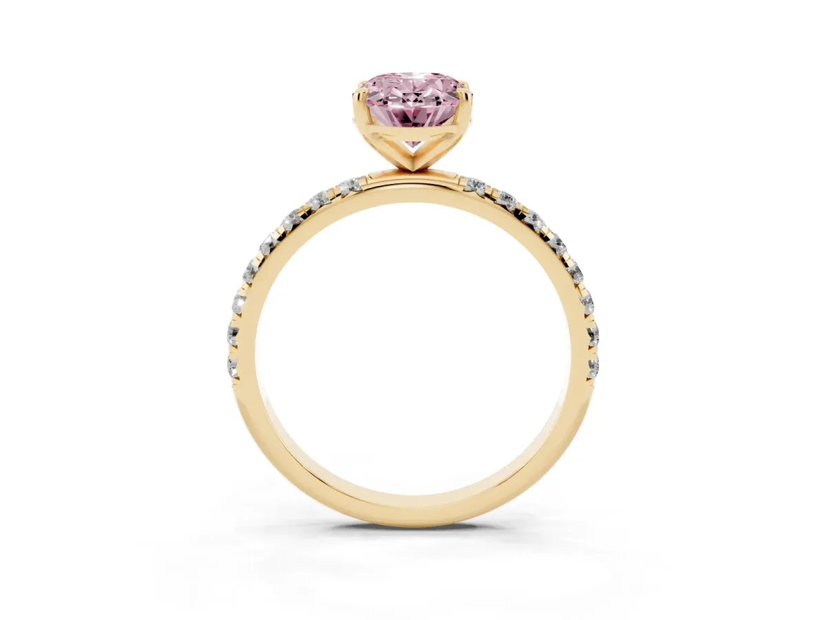 Fancy Pink Oval Cut Cut Diamond Solitaire Ring with Micro Pave Band and Four Prong Setting Yellow gold