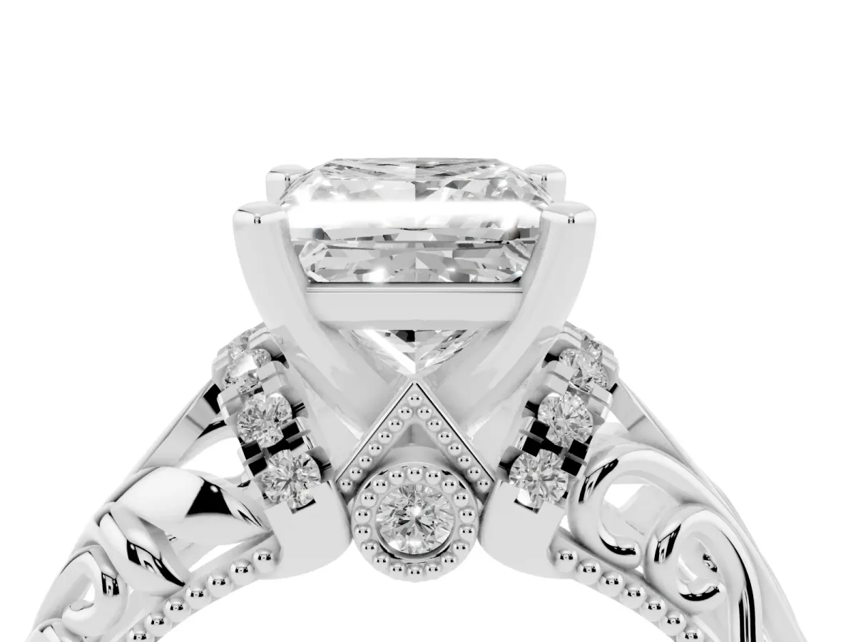 Princess Cut Solitaire Filigree Engagement Ring with Halo and Prong Setting Silver